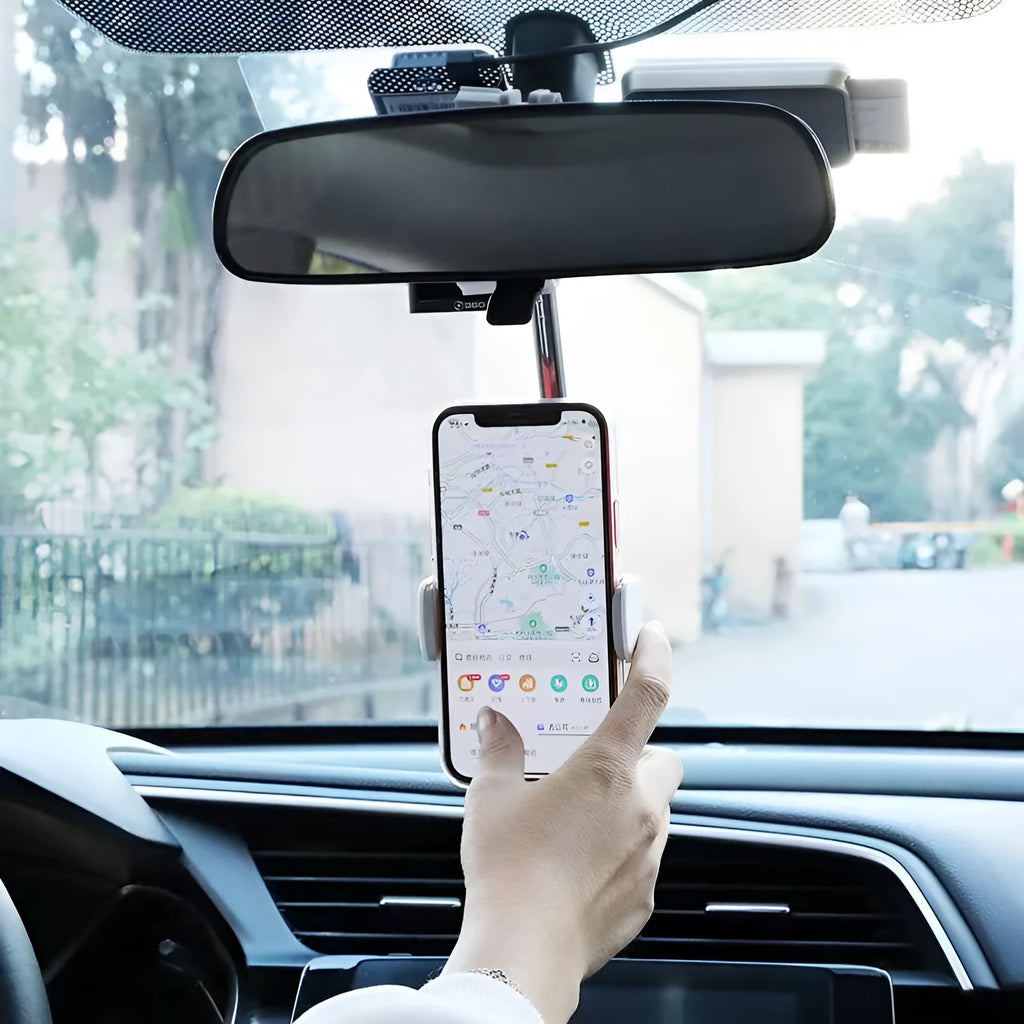 Black vehicle rearview mirror phone bracket showing adjustable arm and clip mechanism