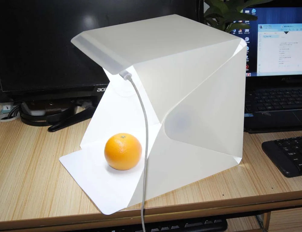 40cm folding studio light box with LED ring light and six coloured backdrop cloths for product photography