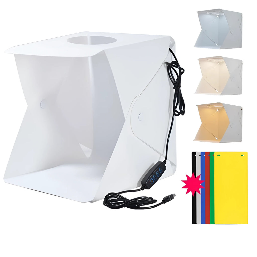 40cm folding studio light box with LED ring light and six coloured backdrop cloths for product photography