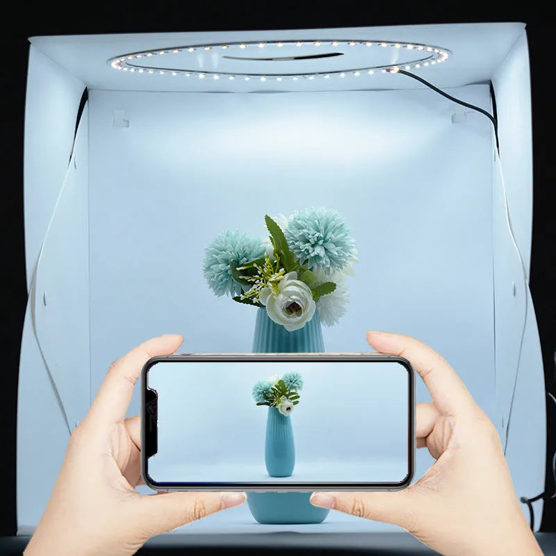 40cm folding studio light box with LED ring light and six coloured backdrop cloths for product photography