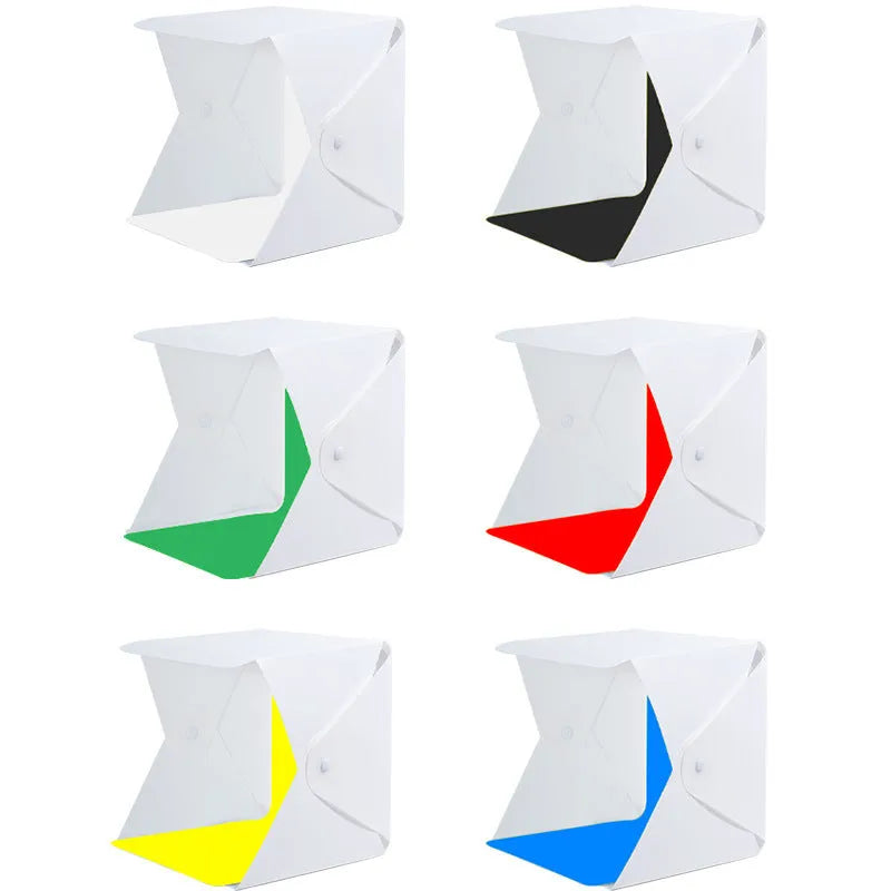 40cm folding studio light box with LED ring light and six coloured backdrop cloths for product photography