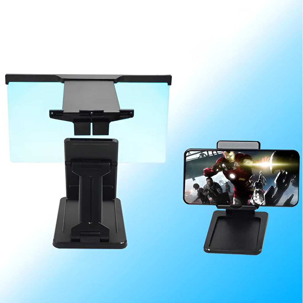 Black L20 split mobile phone screen magnifier with 12-inch acrylic lens and adjustable phone bracket on a table.