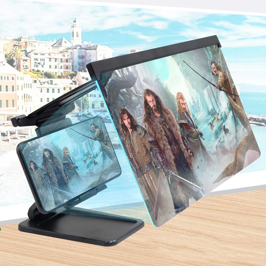 Black L20 split mobile phone screen magnifier with 12-inch acrylic lens and adjustable phone bracket on a table.