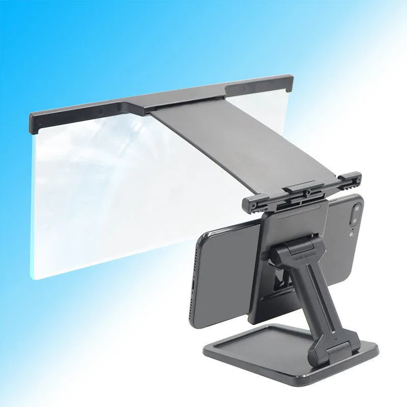 Black L20 split mobile phone screen magnifier with 12-inch acrylic lens and adjustable phone bracket on a table.