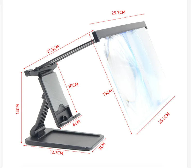 Black L20 split mobile phone screen magnifier with 12-inch acrylic lens and adjustable phone bracket on a table.