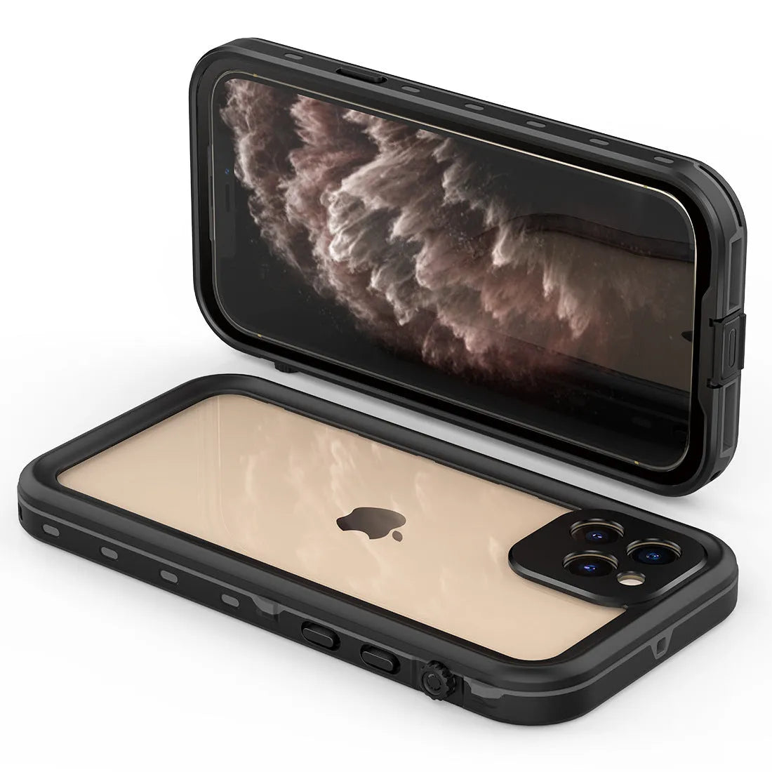 IP68 waterproof phone case for iPhone 12 Pro Max in black blue red colours showing TPU PC construction