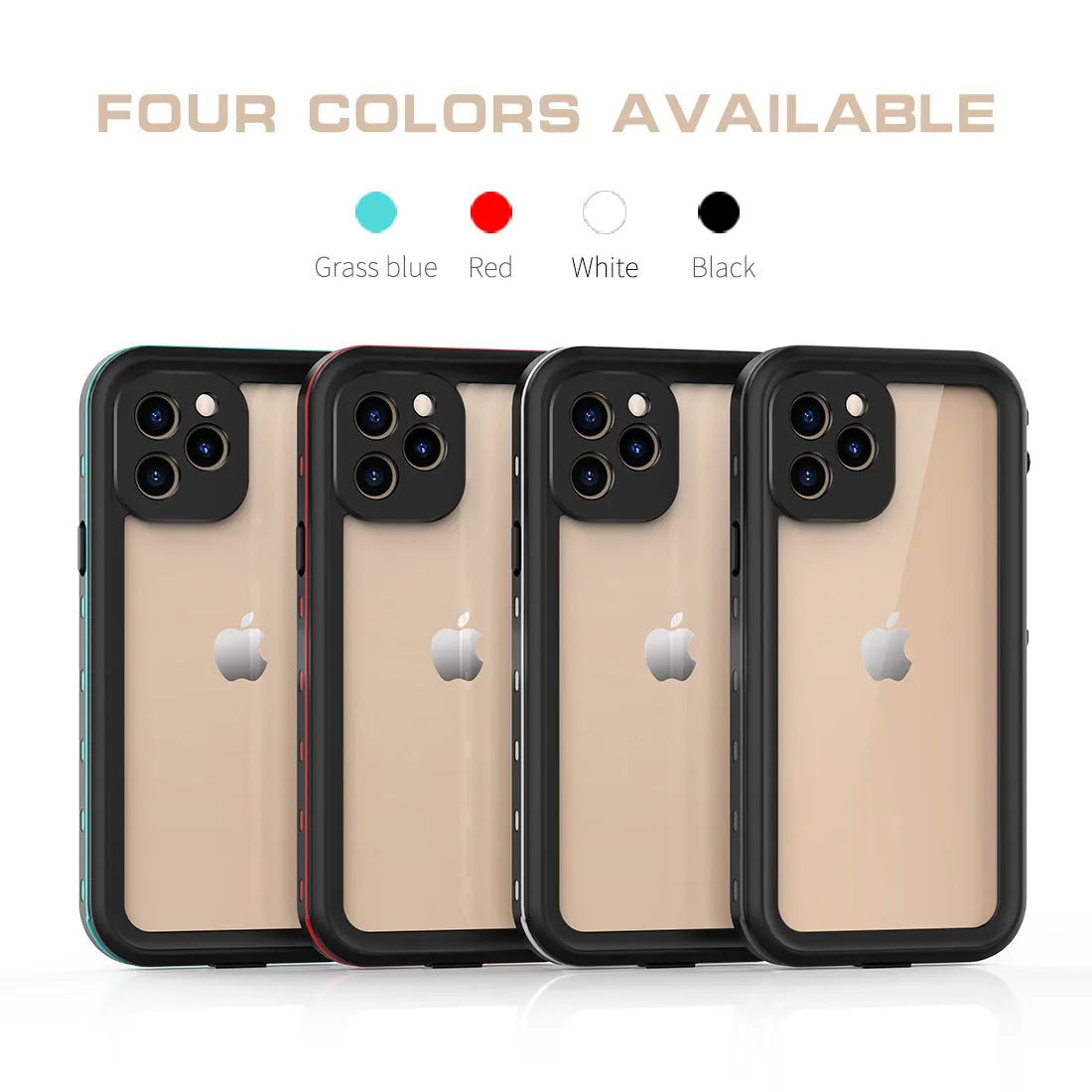 IP68 waterproof phone case for iPhone 12 Pro Max in black blue red colours showing TPU PC construction
