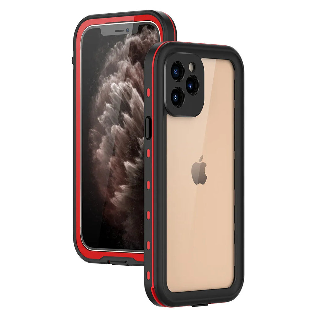 IP68 waterproof phone case for iPhone 12 Pro Max in black blue red colours showing TPU PC construction