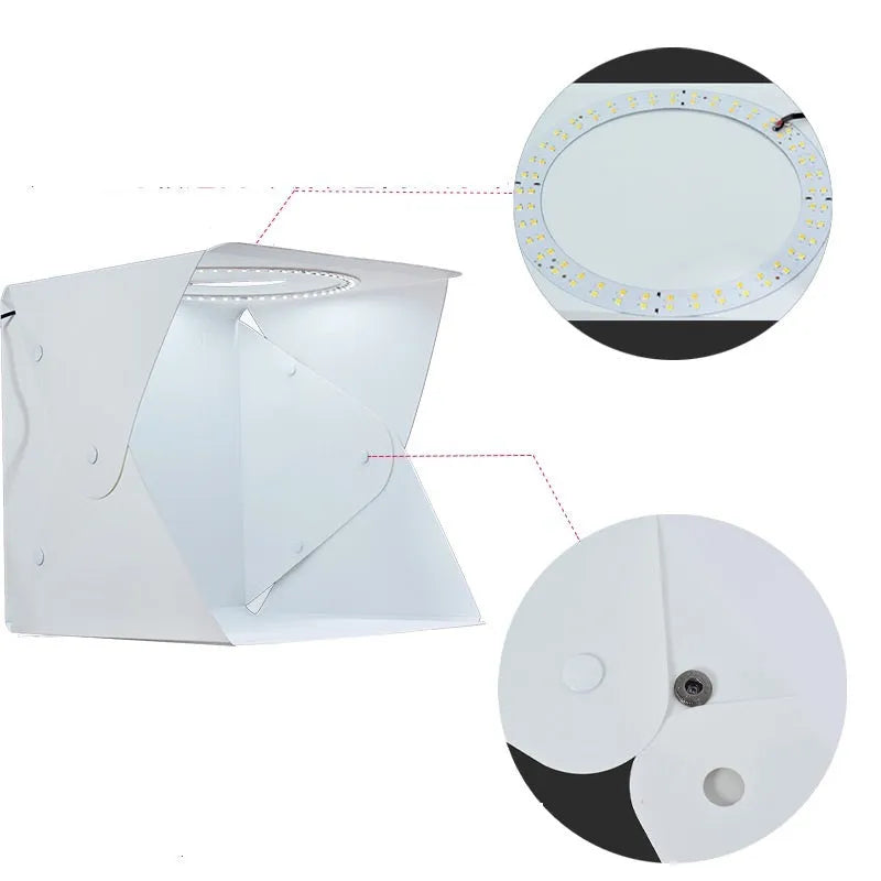 40cm folding studio light box with LED ring light and six coloured backdrop cloths for product photography