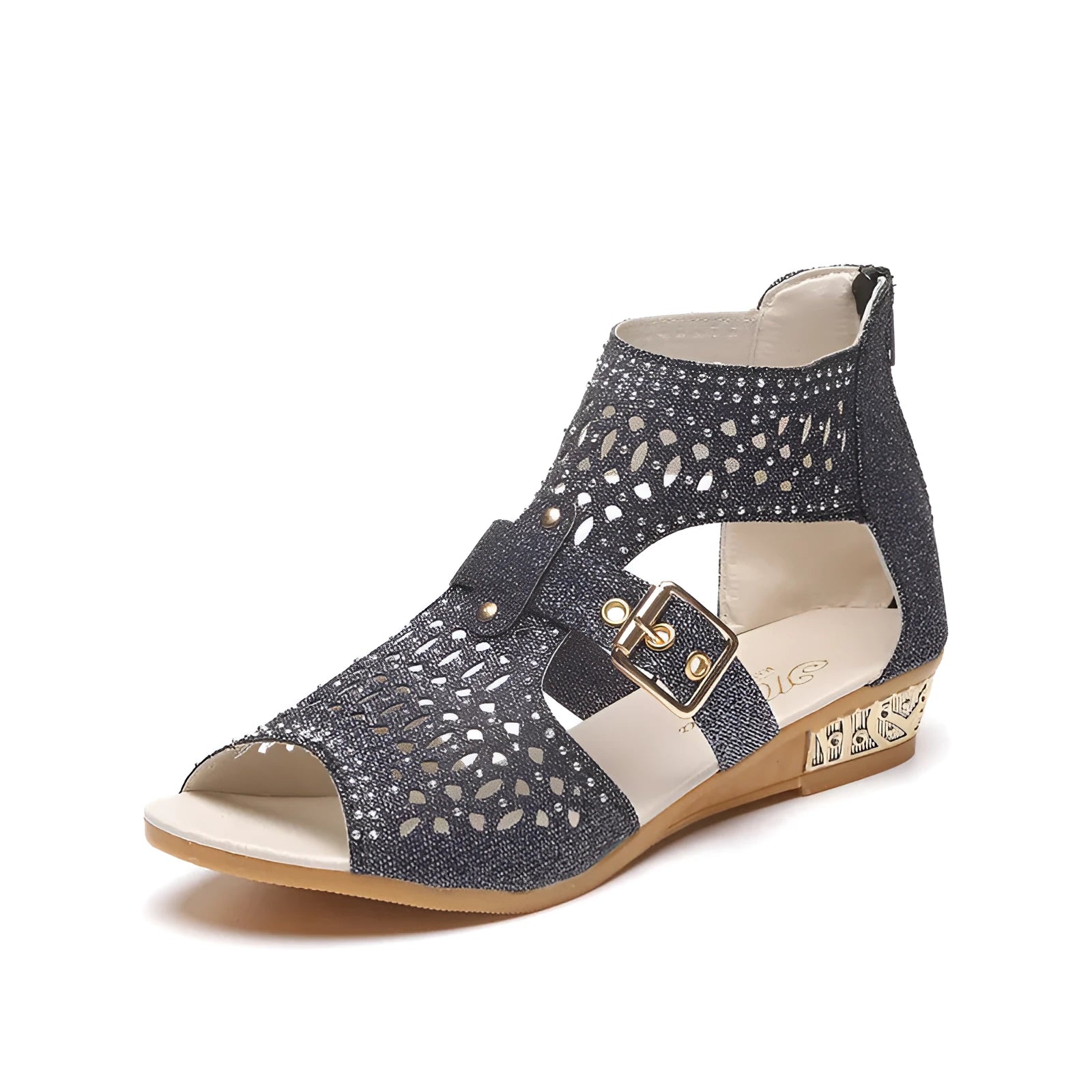 Women's beige flat sandals with back zip closure and low wedge heel.