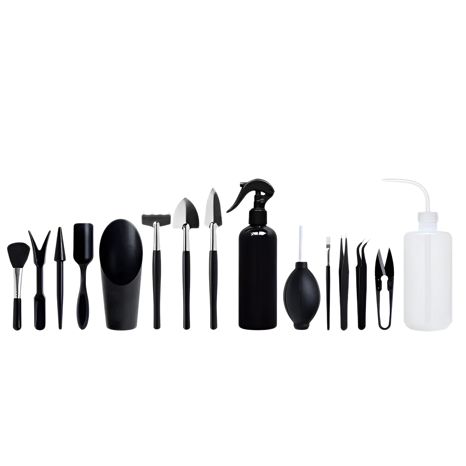 17-piece mini succulent and bonsai gardening tool set with scissors, tweezers, shovel, watering bottle, and cushion.