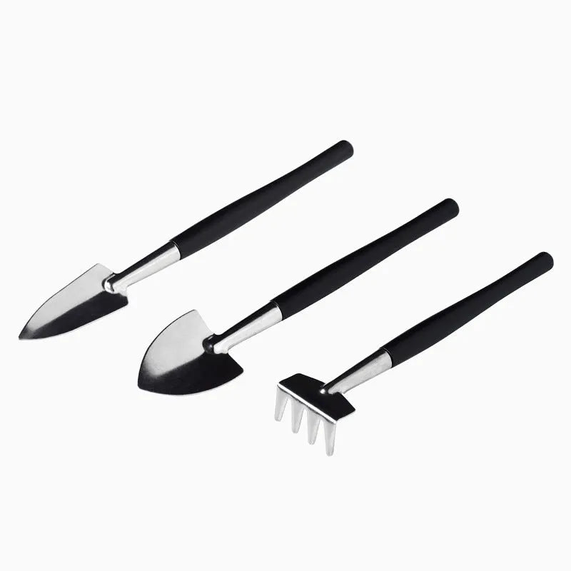 17-piece mini succulent and bonsai gardening tool set with scissors, tweezers, shovel, watering bottle, and cushion.