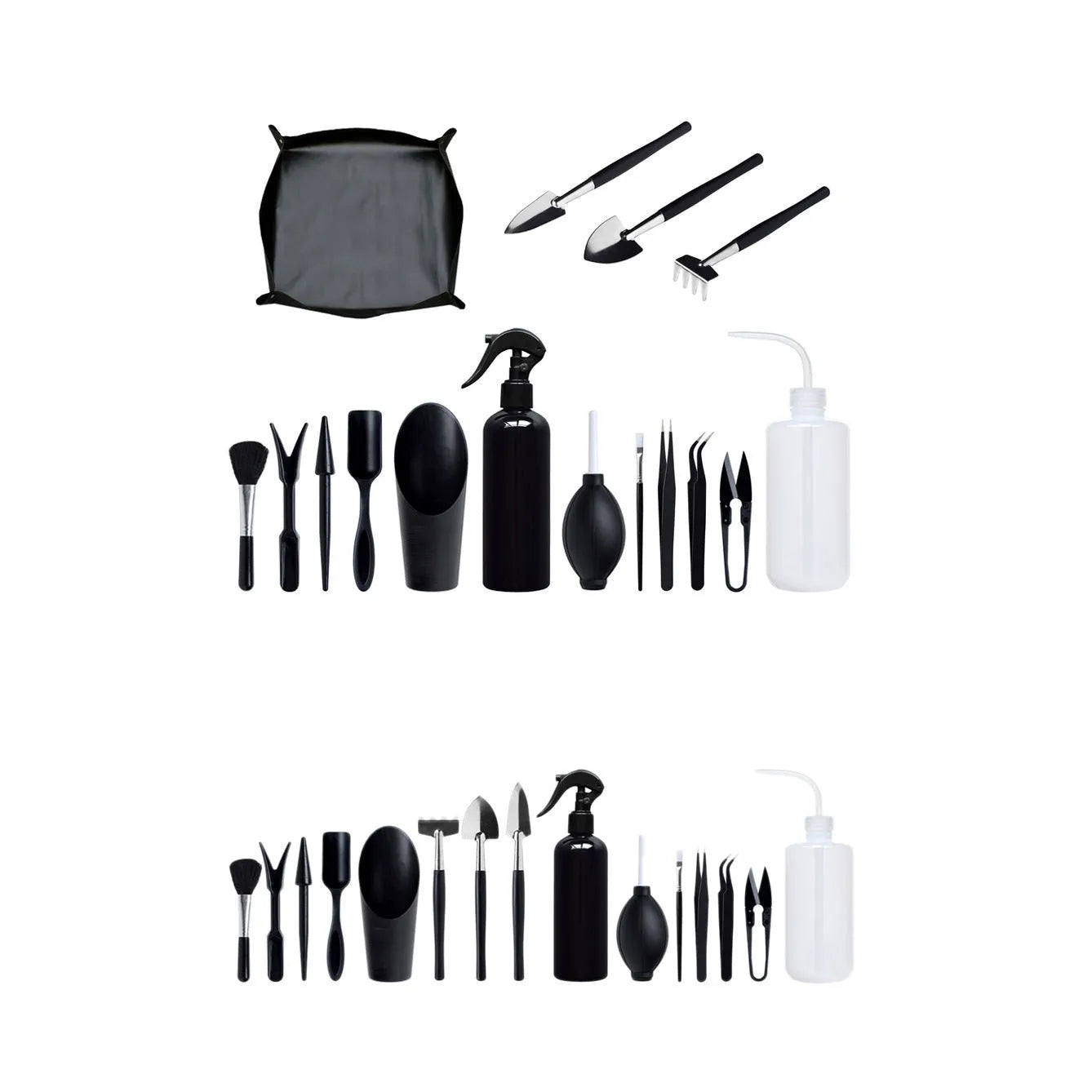 17-piece mini succulent and bonsai gardening tool set with scissors, tweezers, shovel, watering bottle, and cushion.