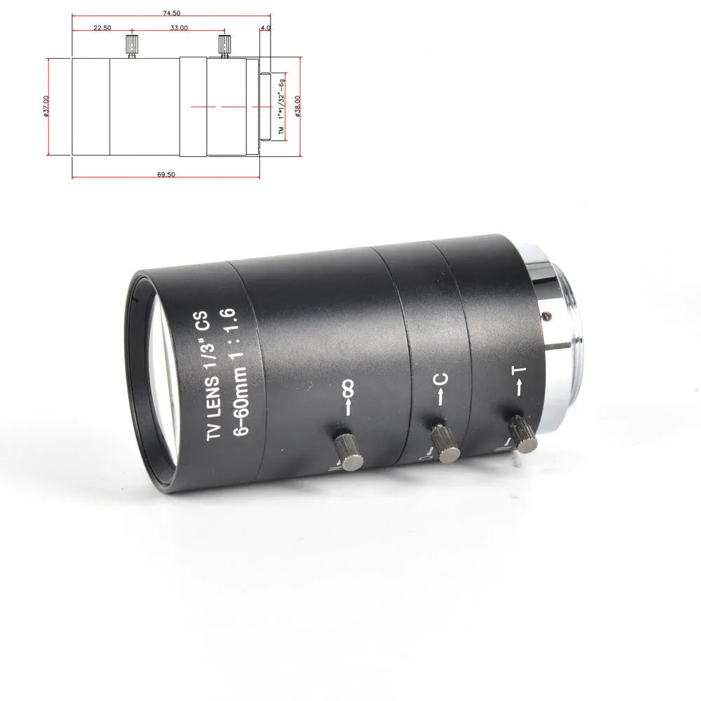 Black manual aperture 6-60mm CCTV camera lens with CS mount for security surveillance systems