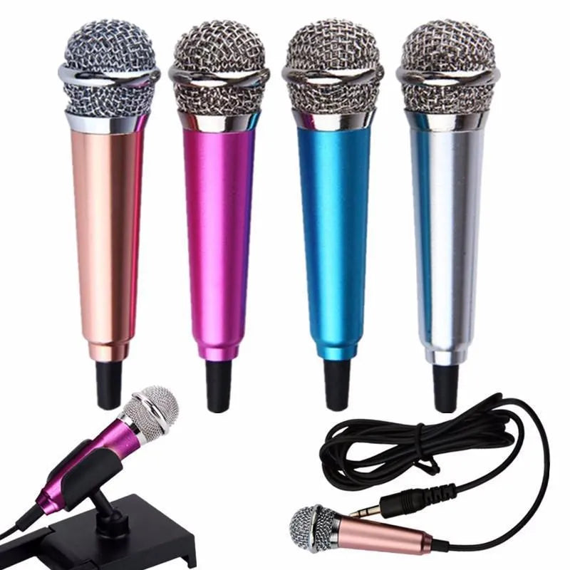 T3 model mini condenser wired microphone with 3.5mm plug in blue, gold, red, and silver colour options.