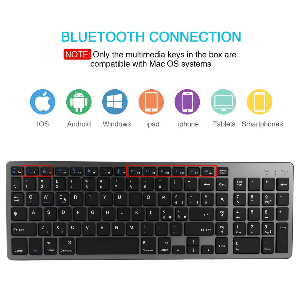 White universal Bluetooth keyboard for iPad tablets and mobile phones showing 104 keys