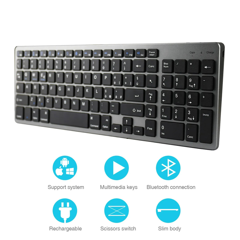 White universal Bluetooth keyboard for iPad tablets and mobile phones showing 104 keys