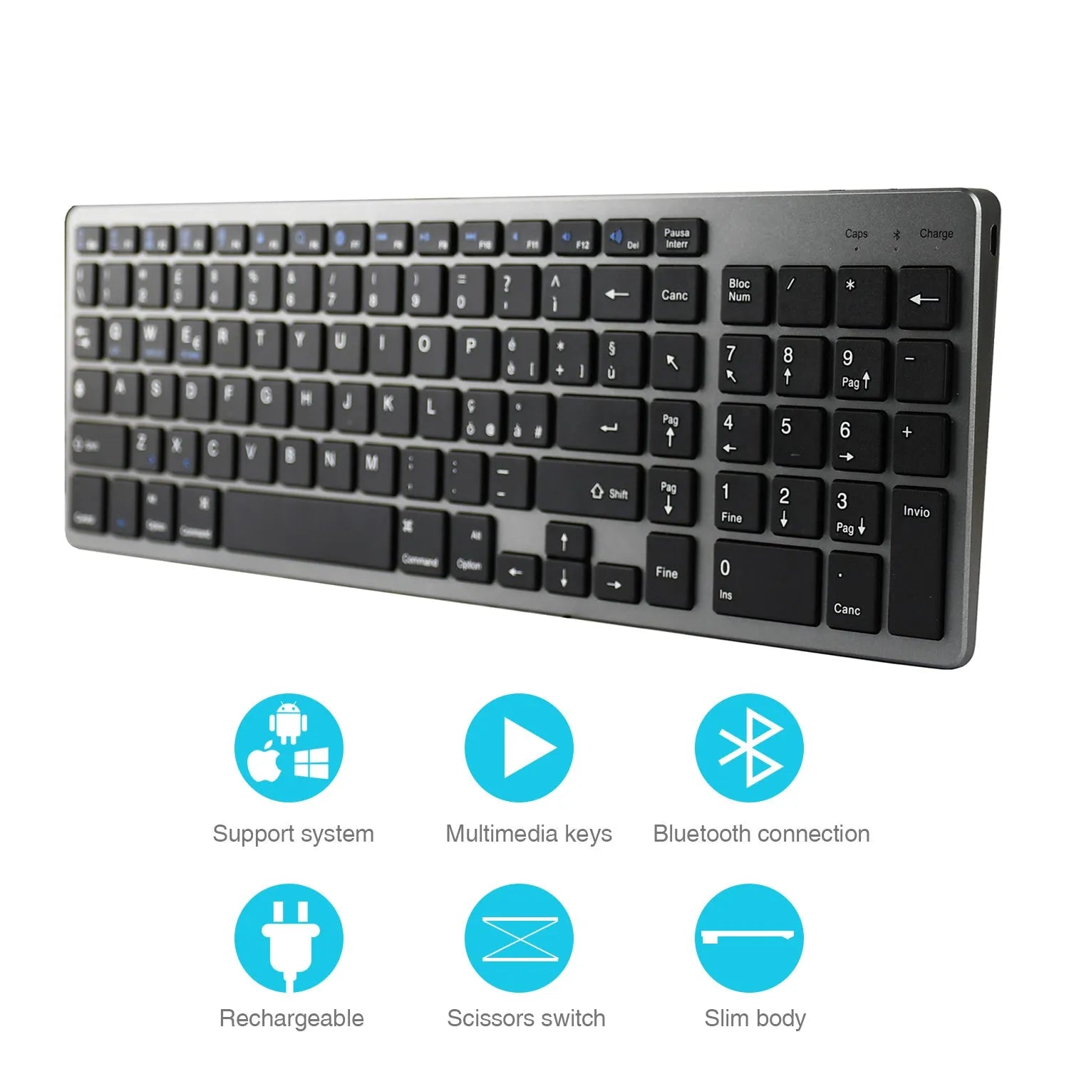 White universal Bluetooth keyboard for iPad tablets and mobile phones showing 104 keys