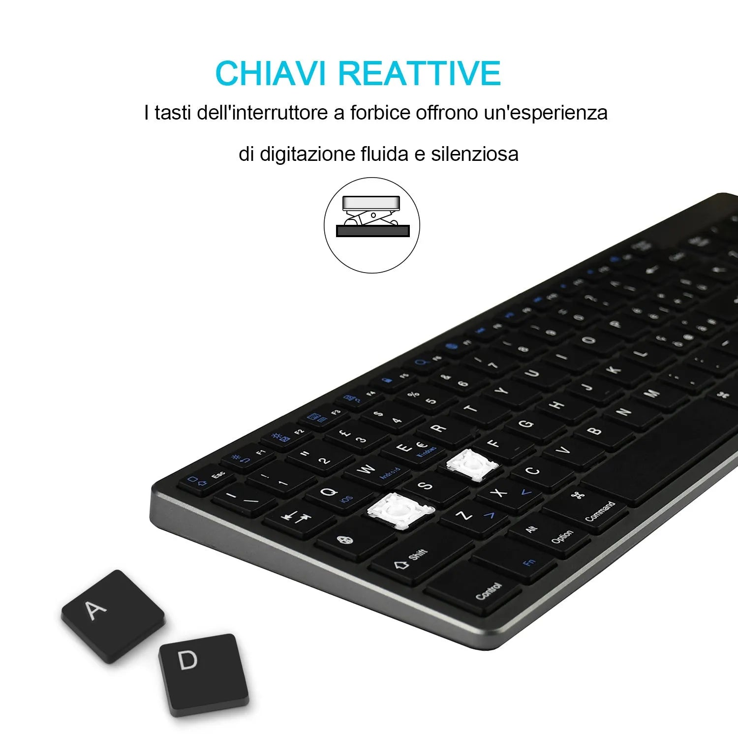 White universal Bluetooth keyboard for iPad tablets and mobile phones showing 104 keys