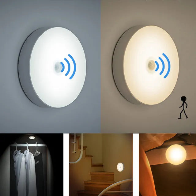 Compact beige motion sensing LED night light with USB charging port and adhesive backing