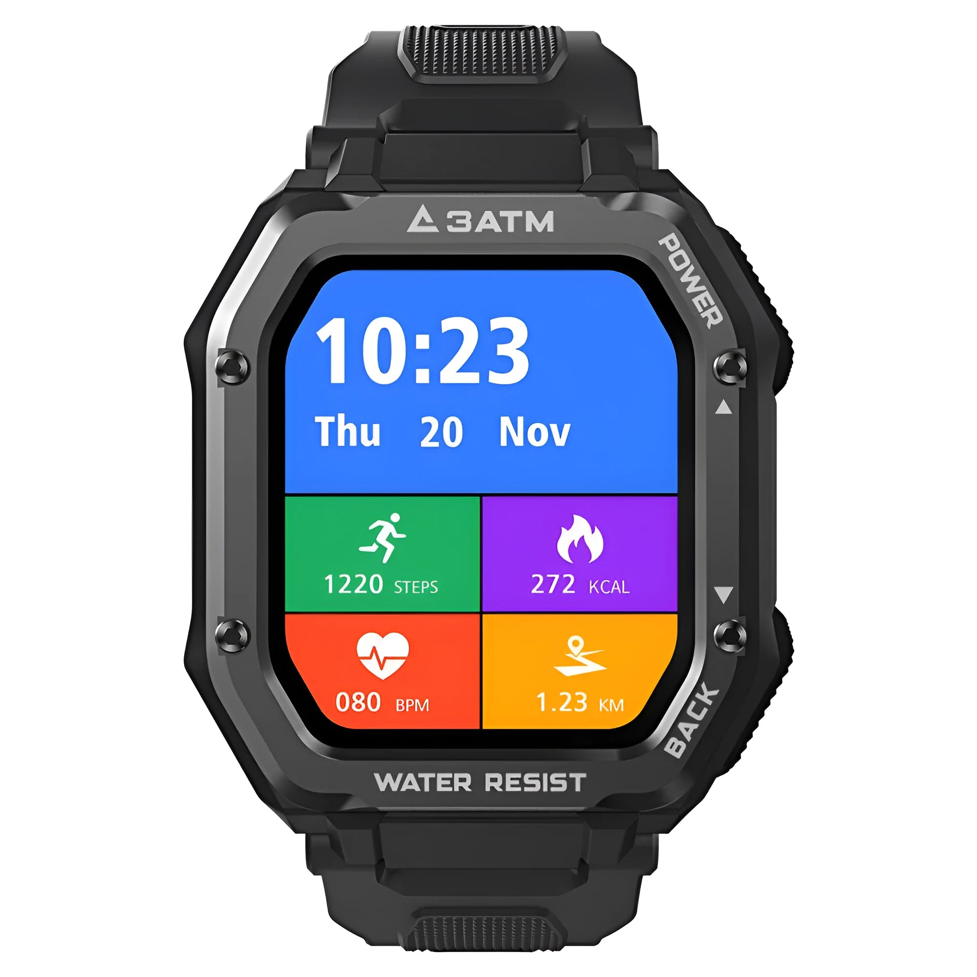 Army green outdoor sports smart watch with 1.3-inch display and silicone wristband showing 20 sports modes interface