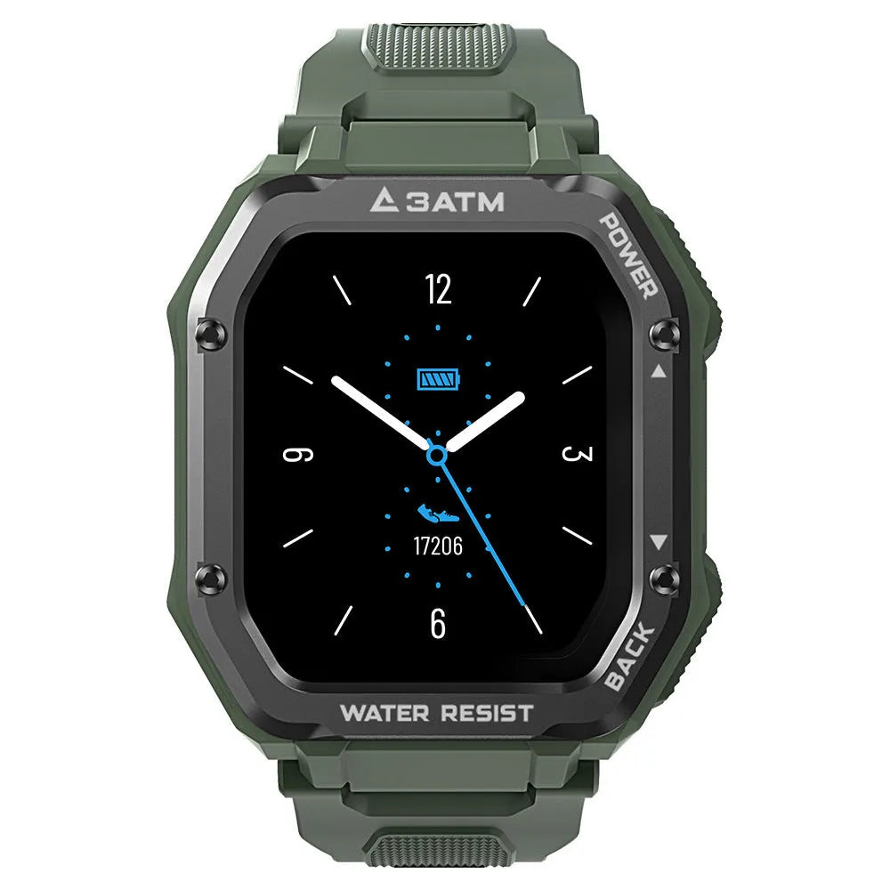 Army green outdoor sports smart watch with 1.3-inch display and silicone wristband showing 20 sports modes interface
