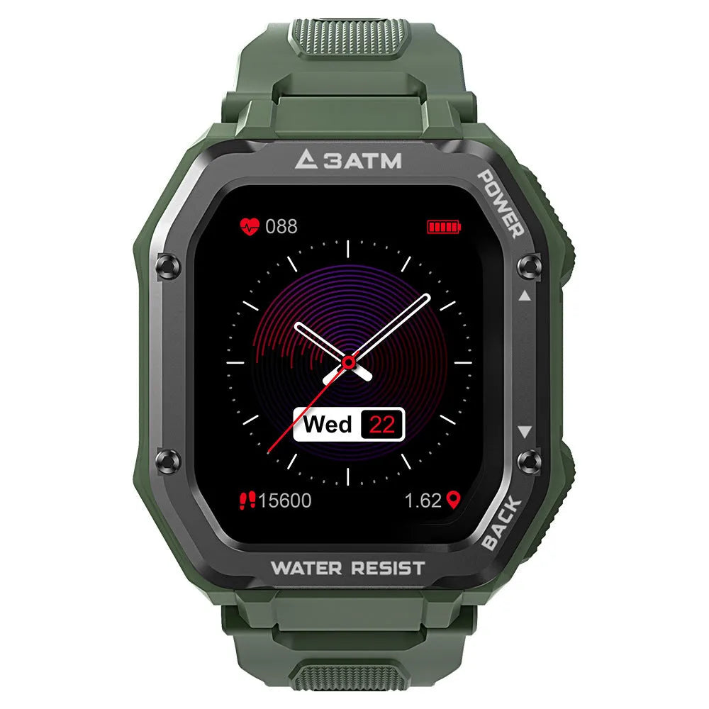 Army green outdoor sports smart watch with 1.3-inch display and silicone wristband showing 20 sports modes interface