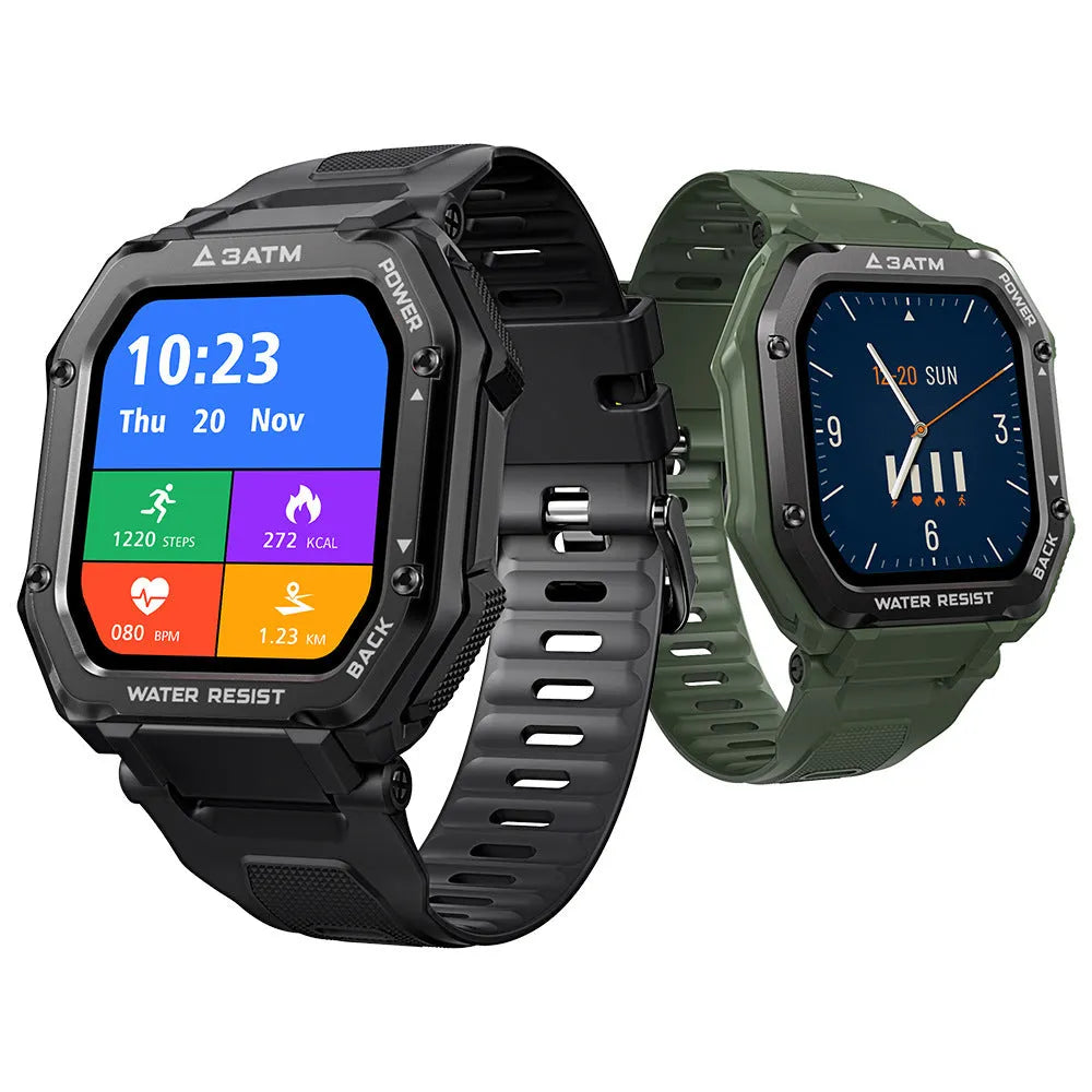 Army green outdoor sports smart watch with 1.3-inch display and silicone wristband showing 20 sports modes interface
