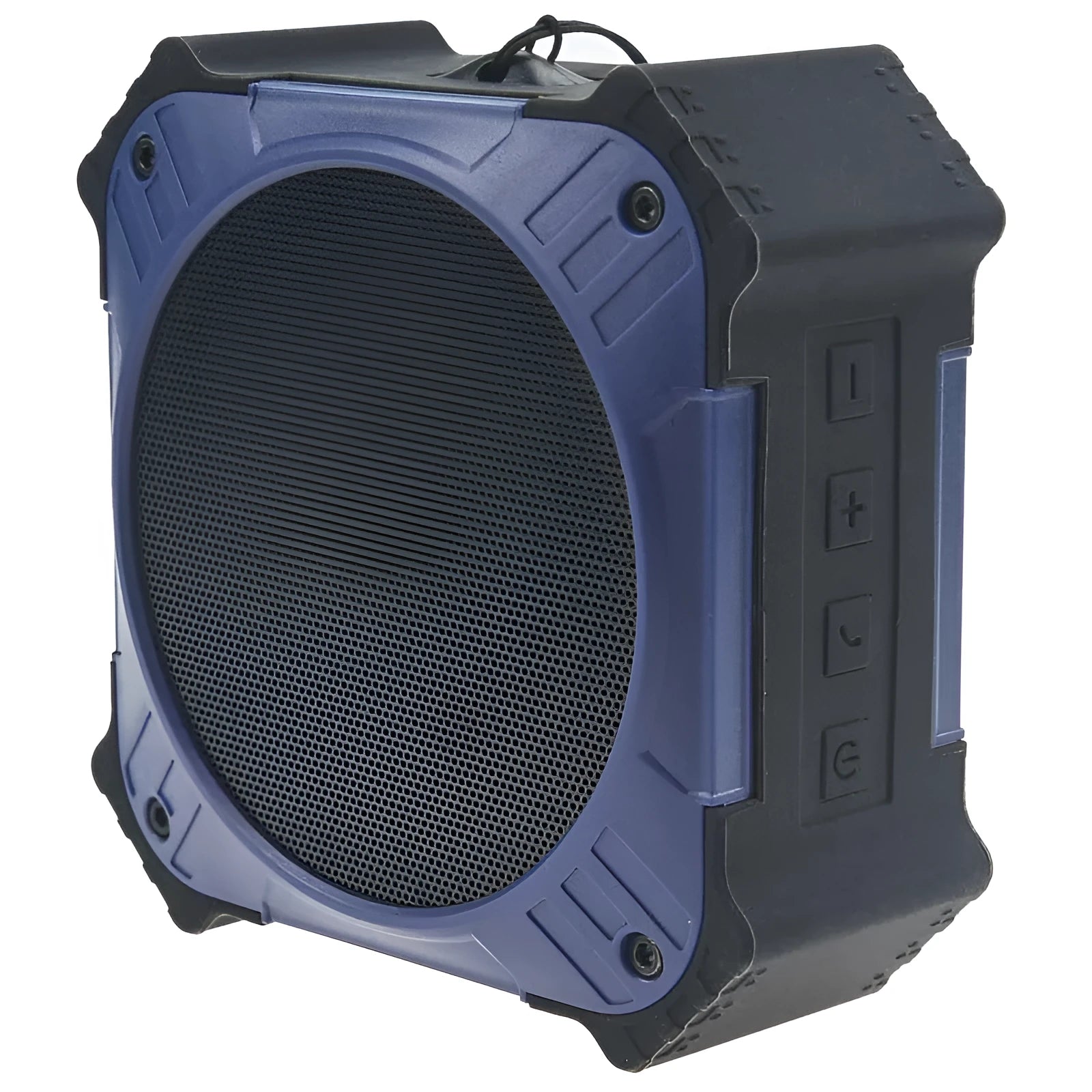 Small square black or blue waterproof portable Bluetooth speaker with wrist strap lanyard.