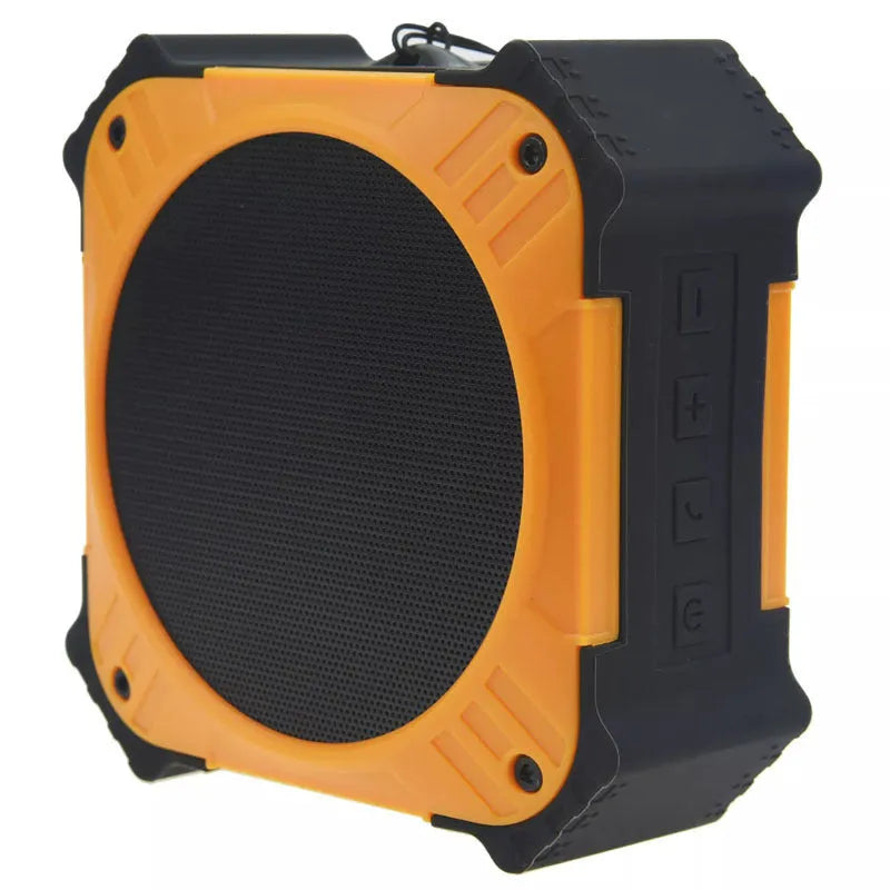 Small square black or blue waterproof portable Bluetooth speaker with wrist strap lanyard.