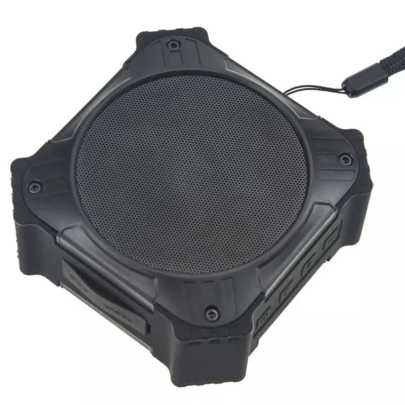 Small square black or blue waterproof portable Bluetooth speaker with wrist strap lanyard.