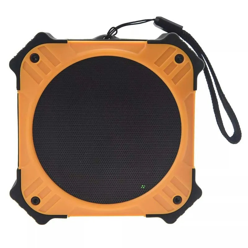 Small square black or blue waterproof portable Bluetooth speaker with wrist strap lanyard.