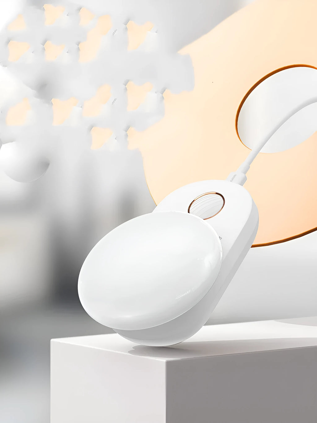 White Baseus rechargeable motion sensor night light with LED glow, shown on a bedside table.