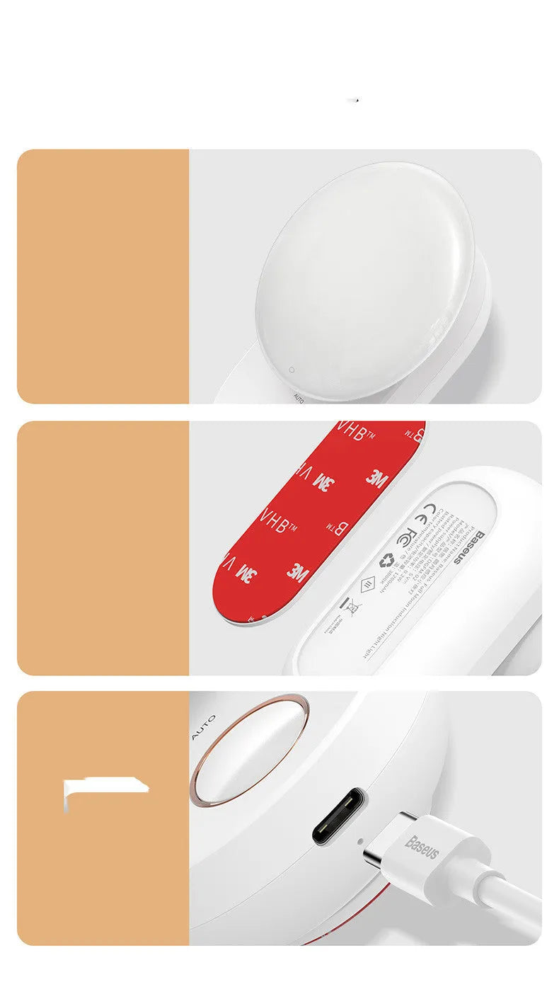 White Baseus rechargeable motion sensor night light with LED glow, shown on a bedside table.