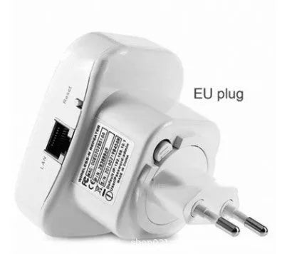 Compact WiFi signal amplifier with UK plug and network cable for extending wireless coverage