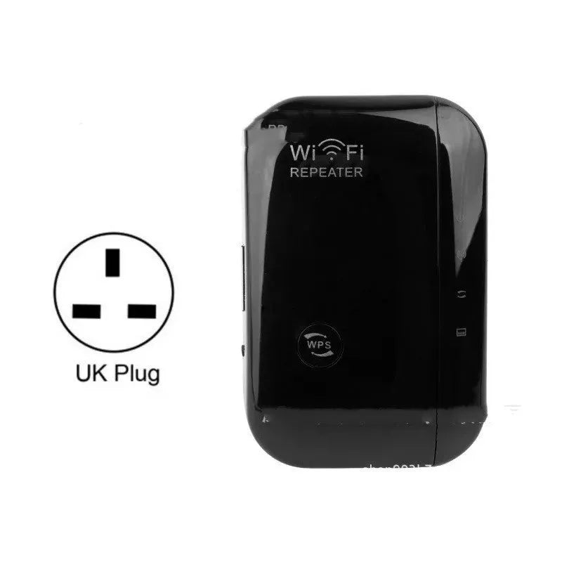 Compact WiFi signal amplifier with UK plug and network cable for extending wireless coverage