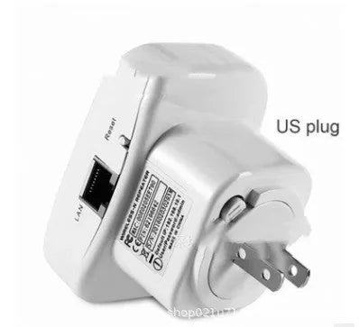 Compact WiFi signal amplifier with UK plug and network cable for extending wireless coverage