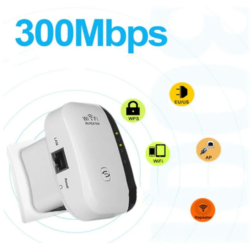 Compact WiFi signal amplifier with UK plug and network cable for extending wireless coverage