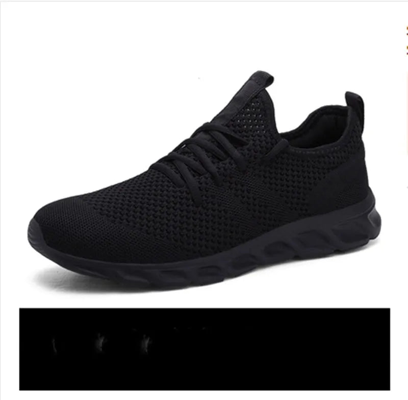 Men's black and white breathable mesh casual sport shoes with PVC sole and lace-up closure
