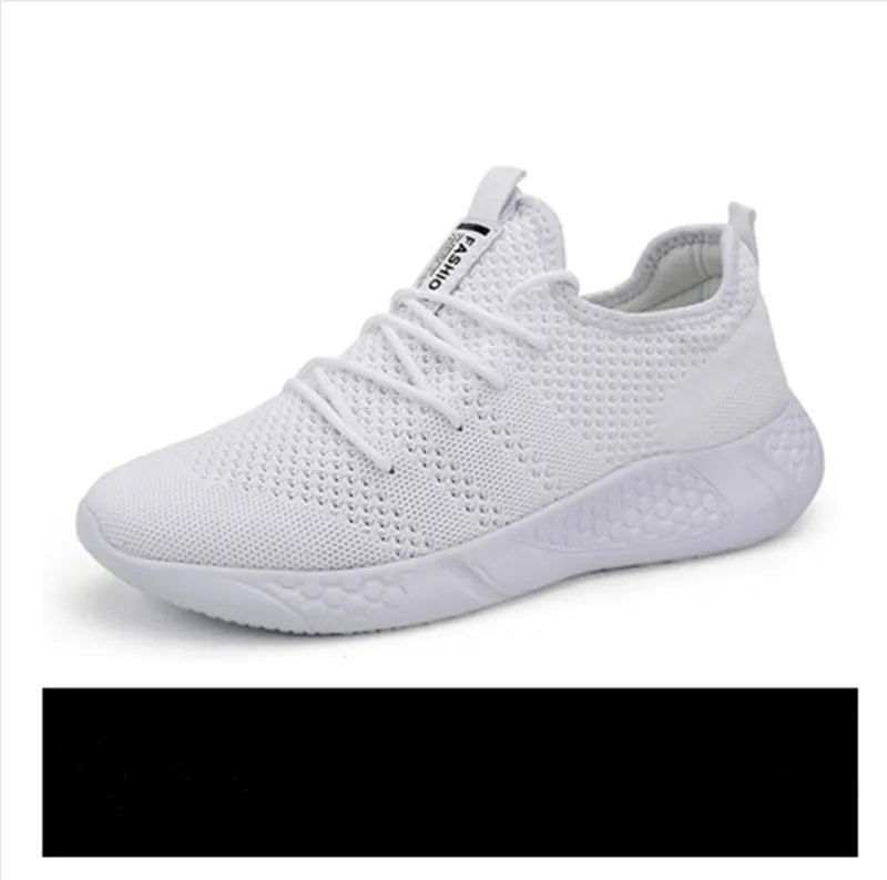 Men's black and white breathable mesh casual sport shoes with PVC sole and lace-up closure