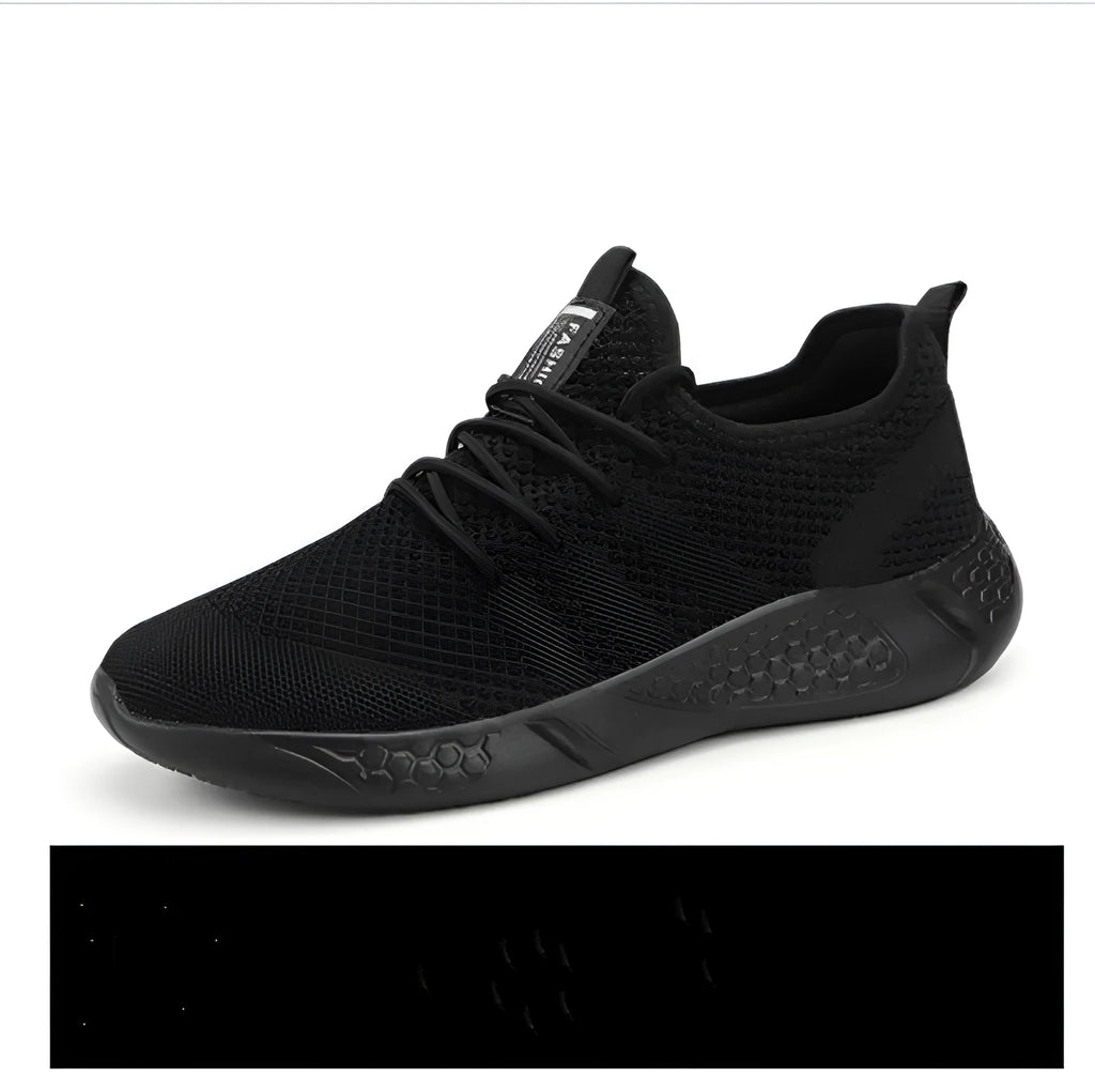 Men's black and white breathable mesh casual sport shoes with PVC sole and lace-up closure