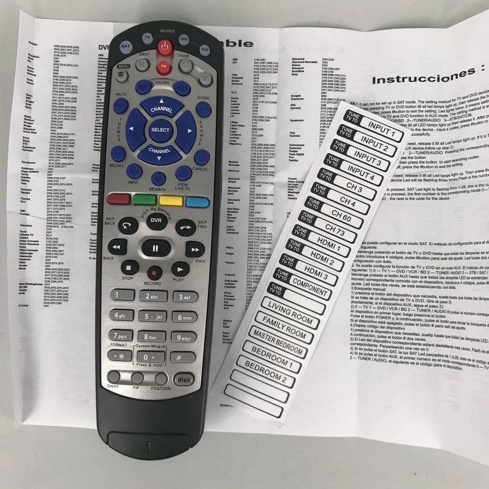 Black universal remote control for DISH Network satellite receivers and SAT VIP TV DVD models.