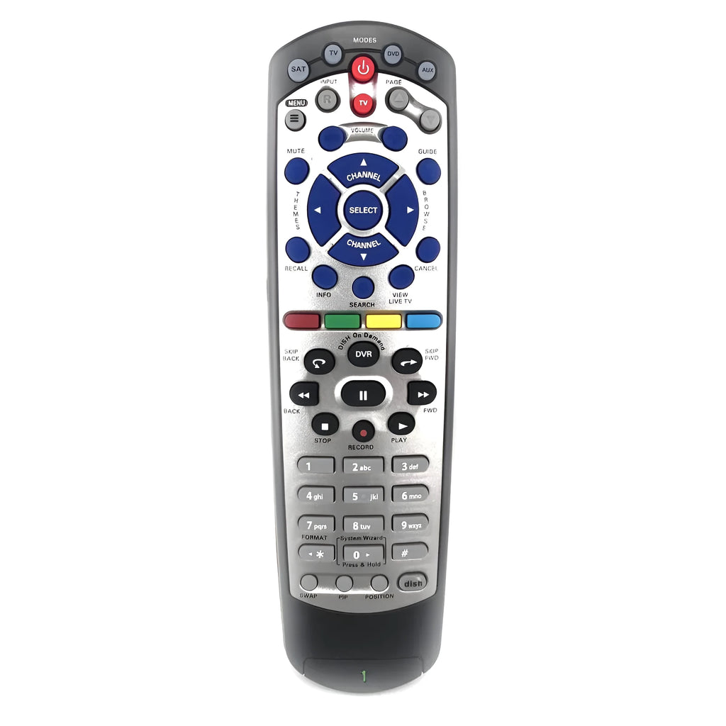 Black universal remote control for DISH Network satellite receivers and SAT VIP TV DVD models.