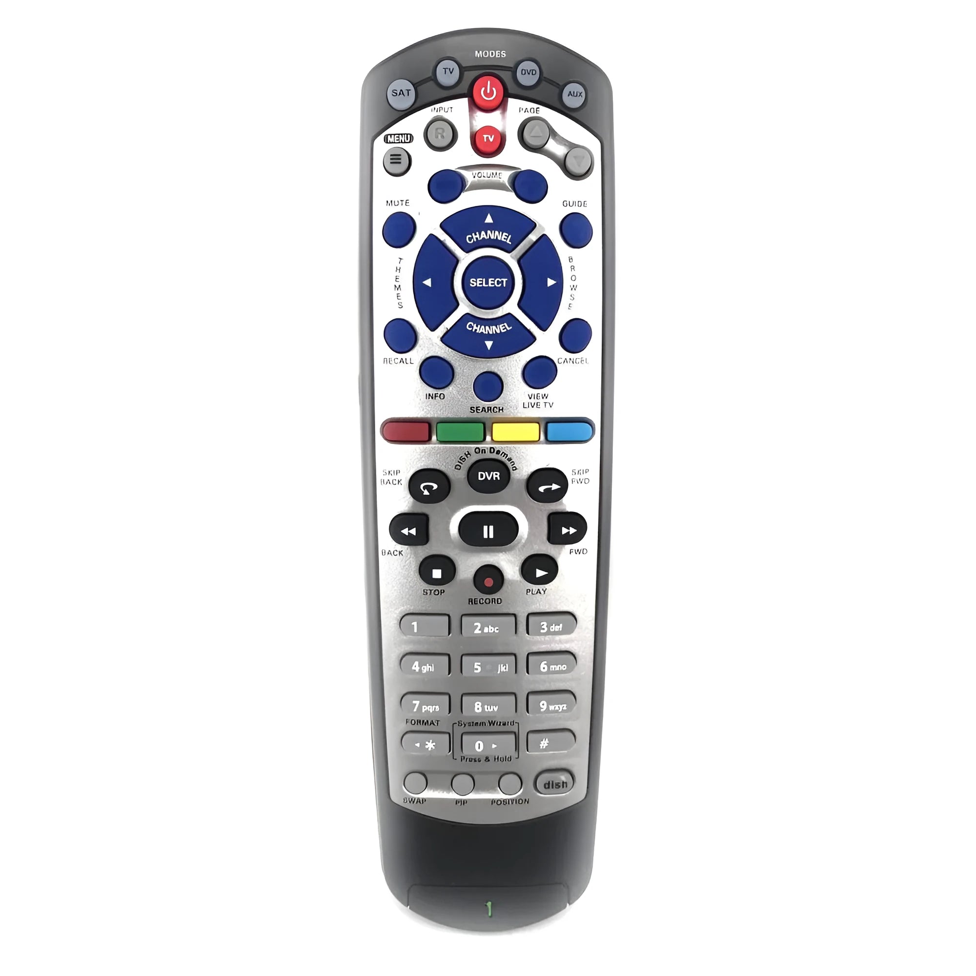 Black universal remote control for DISH Network satellite receivers and SAT VIP TV DVD models.