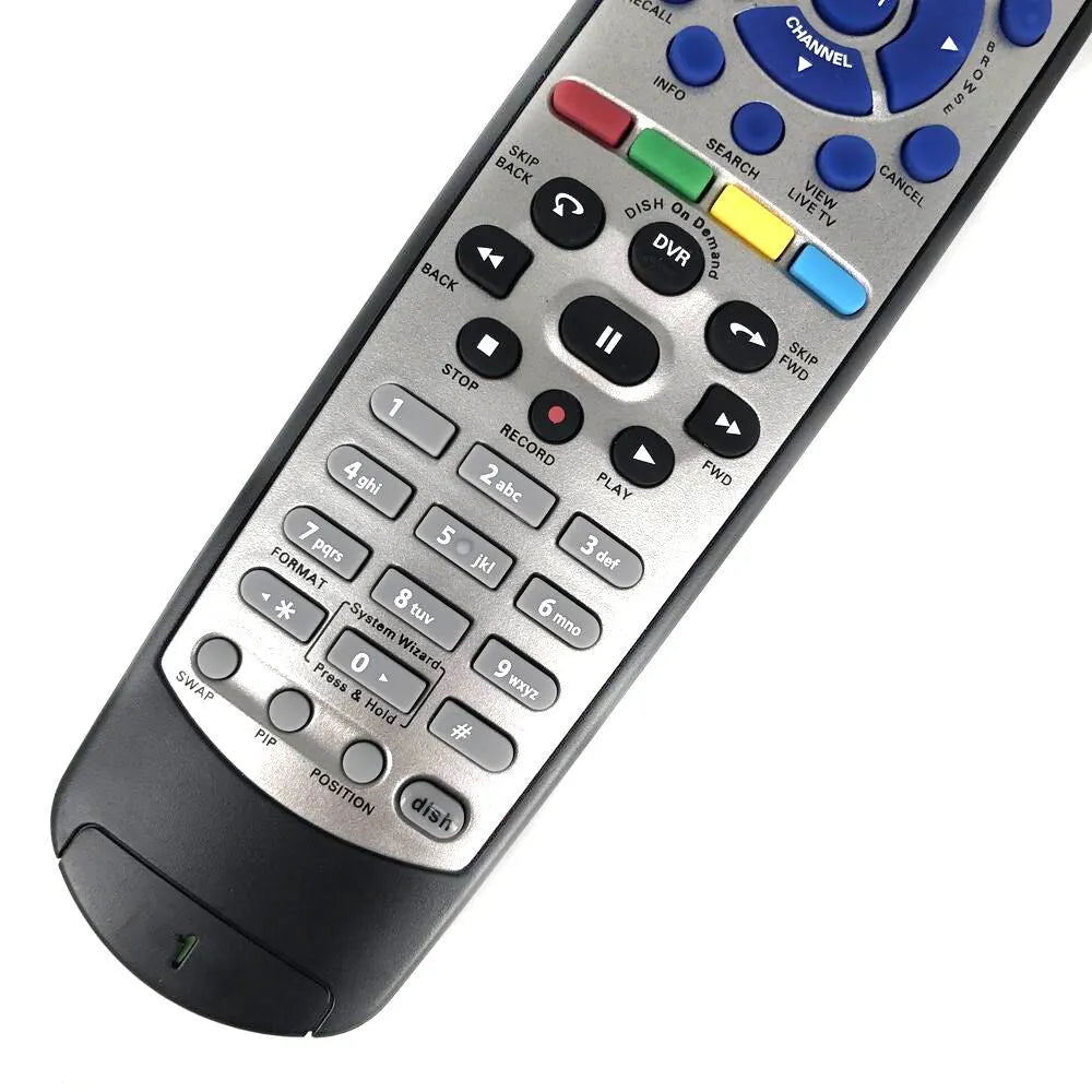 Black universal remote control for DISH Network satellite receivers and SAT VIP TV DVD models.