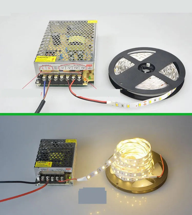 Close-up of a flexible white LED light strip with many small LEDs, coiled on a counter.