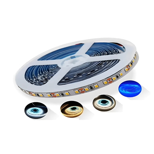 Close-up of a flexible white LED light strip with many small LEDs, coiled on a counter.