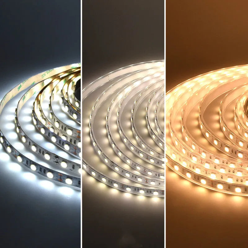 Close-up of a flexible white LED light strip with many small LEDs, coiled on a counter.