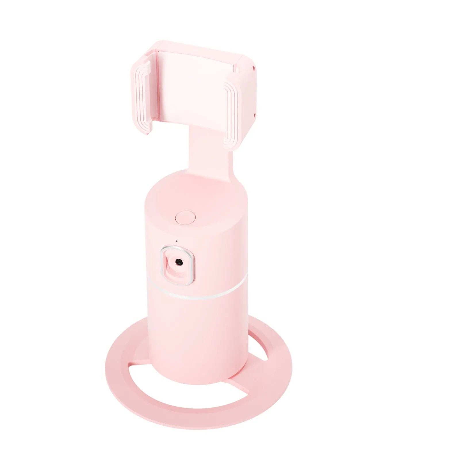Smartphone tracking gimbal stabiliser showing 360-degree rotation capability and face-following technology