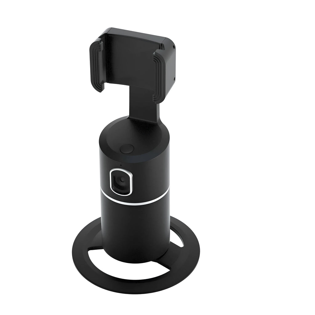 Smartphone tracking gimbal stabiliser showing 360-degree rotation capability and face-following technology